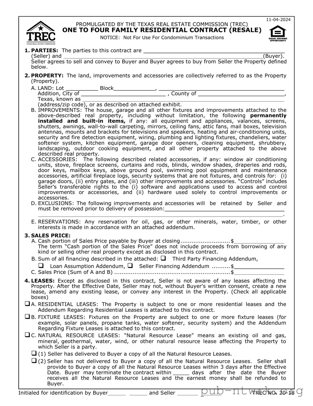 Blank TREC One to four family residential contract PDF Form