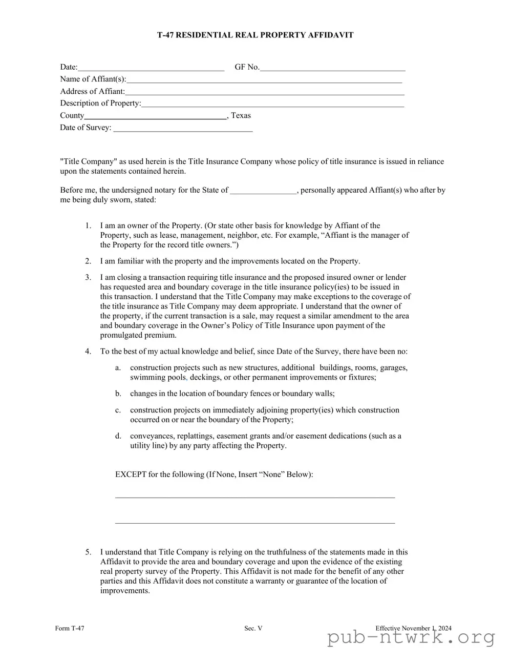 Blank Texas residential property affidavit T-47 PDF Form