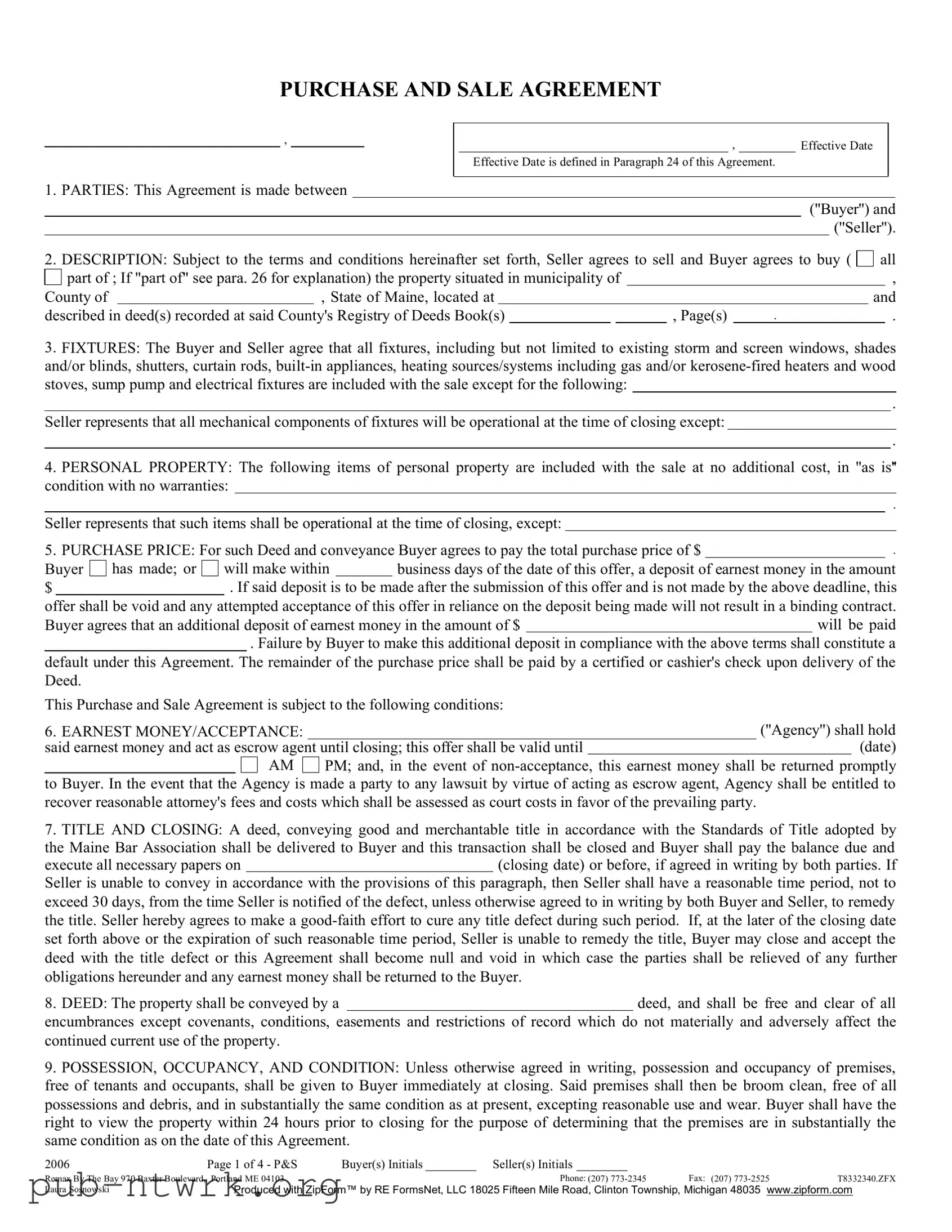Blank Maine Sale Agreement PDF Form