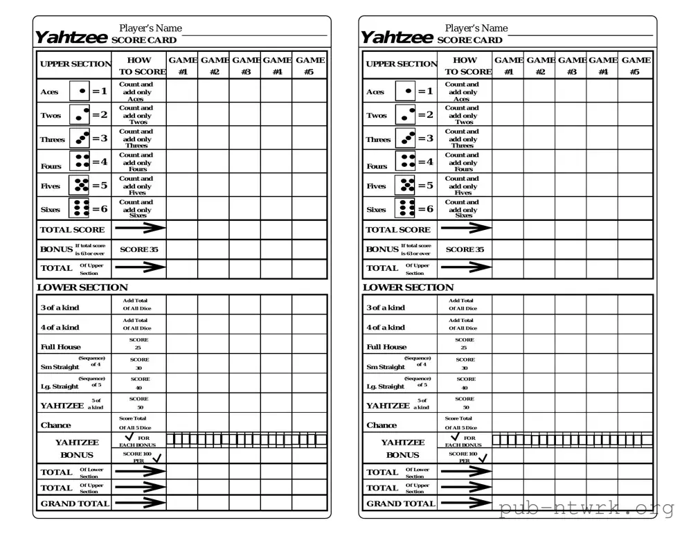 Blank Yahtzee Score Card PDF Form
