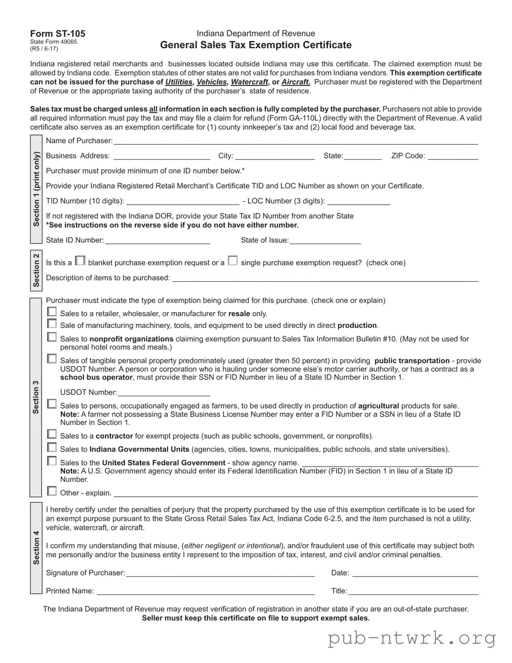 Blank St 105 Indiana PDF Form