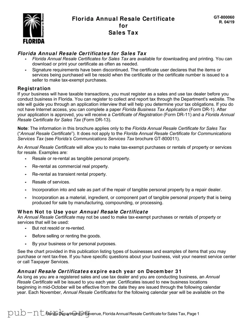 Blank Florida Annual Resale Certificate PDF Form