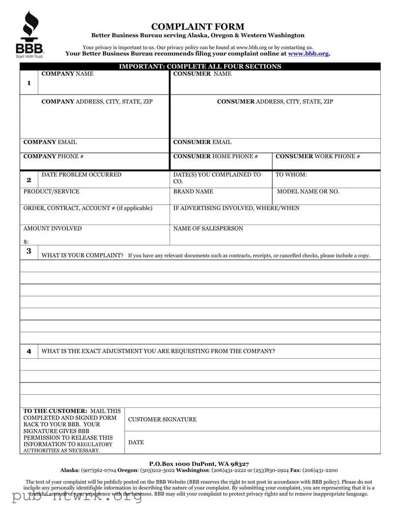 Blank Bbb Complaint PDF Form
