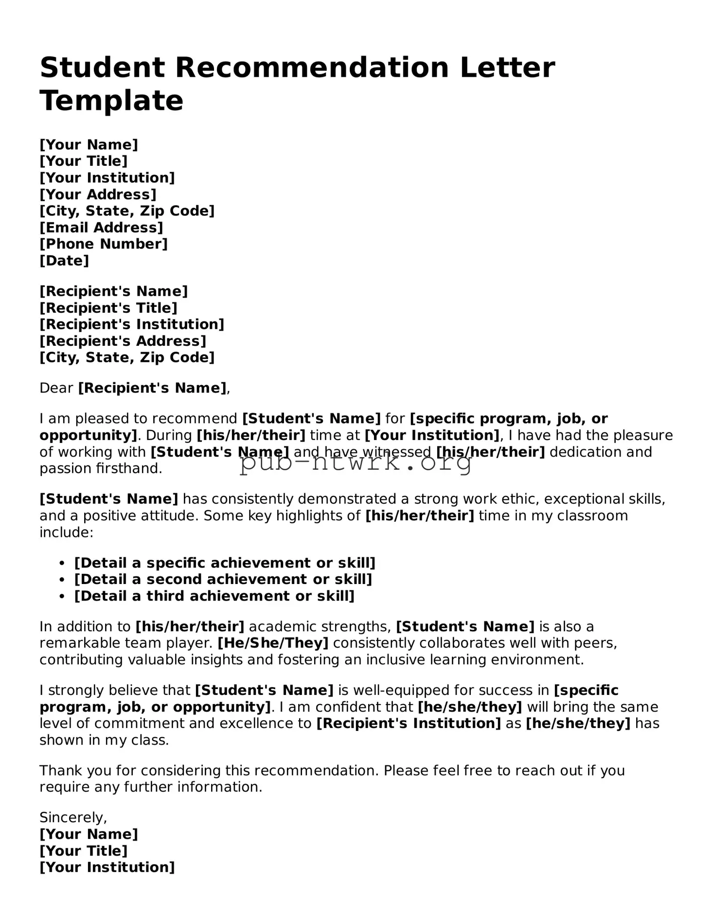 Legal Student Recommendation Letter Form