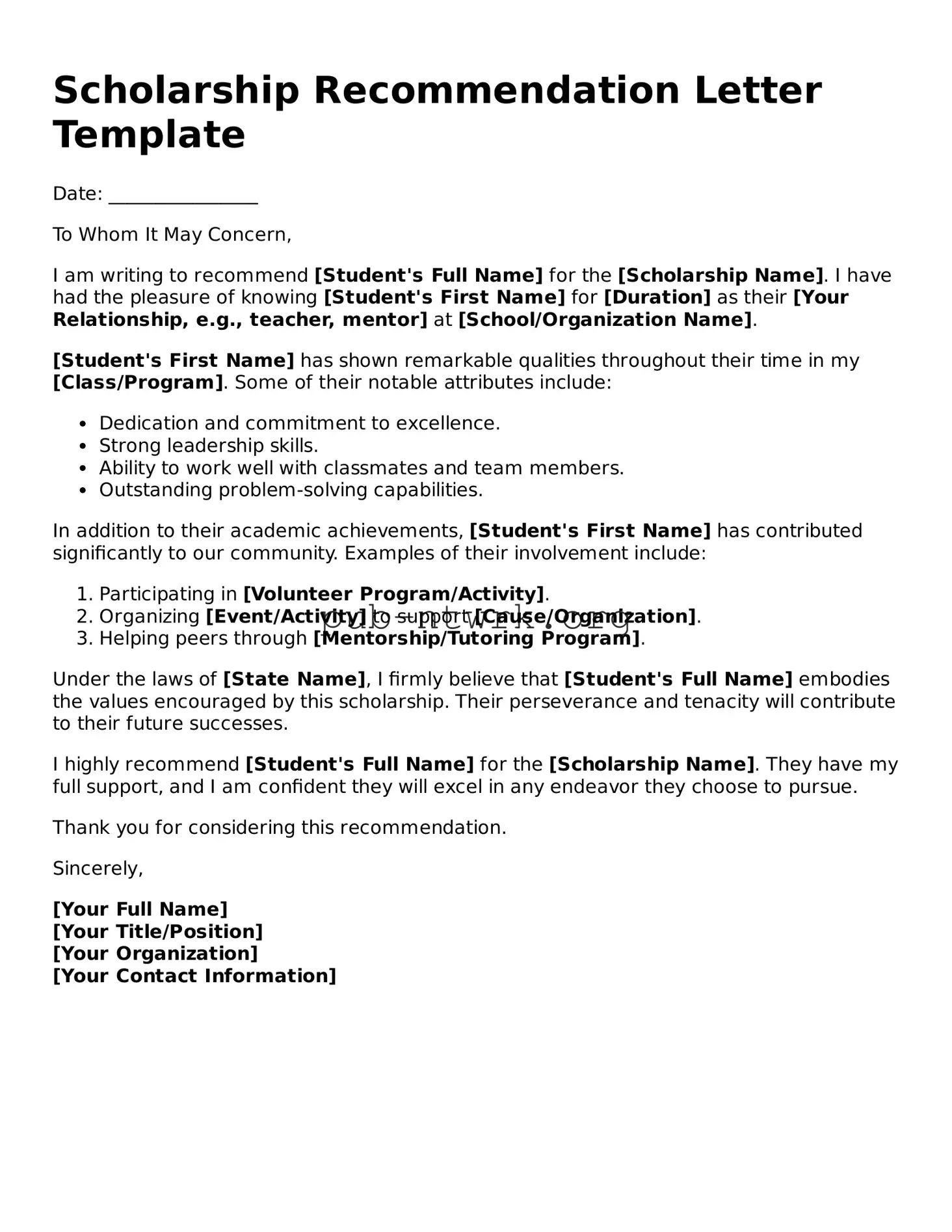 Legal Scholarship Recommendation Letter Form