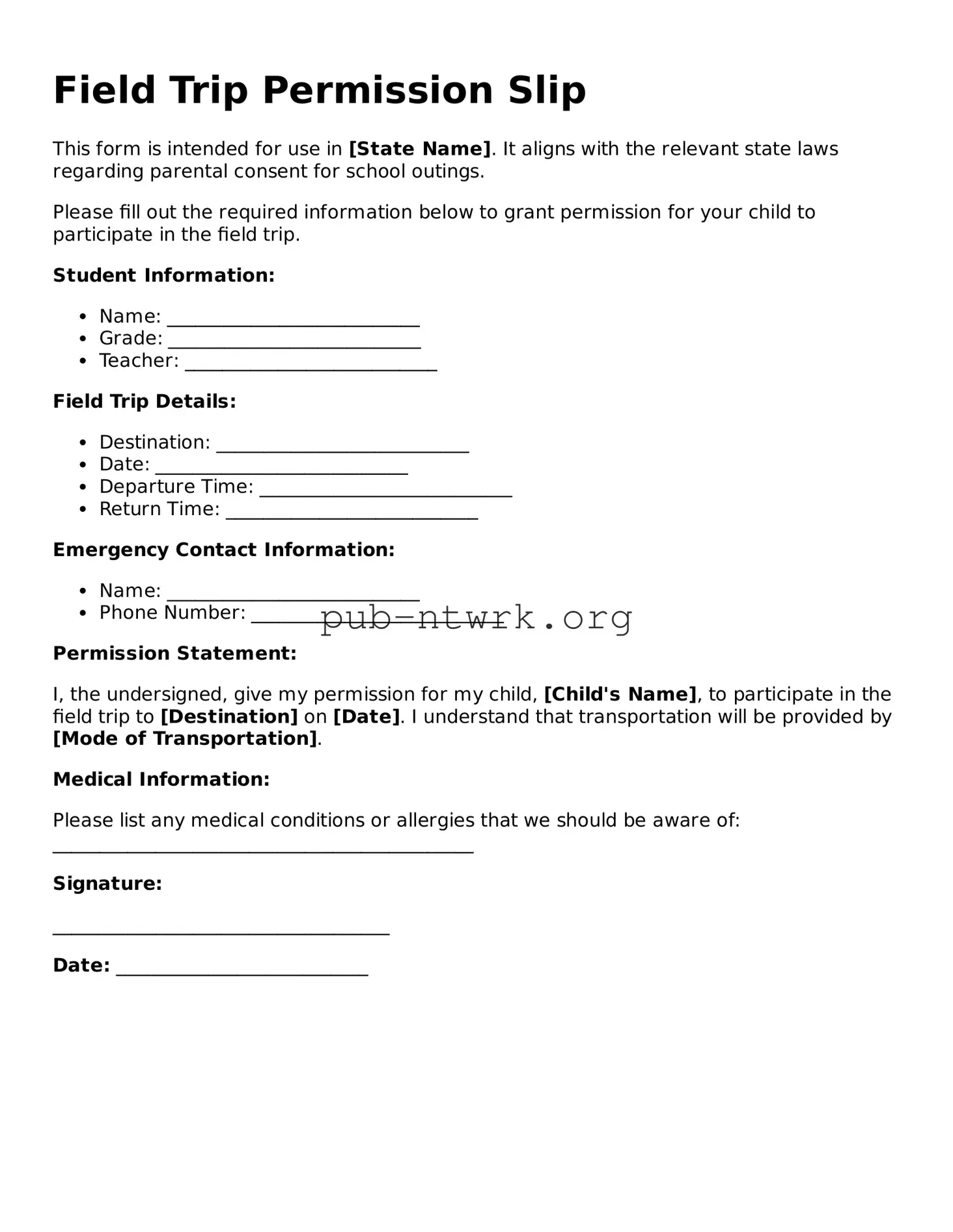 Legal Field Trip Permission Slip Form