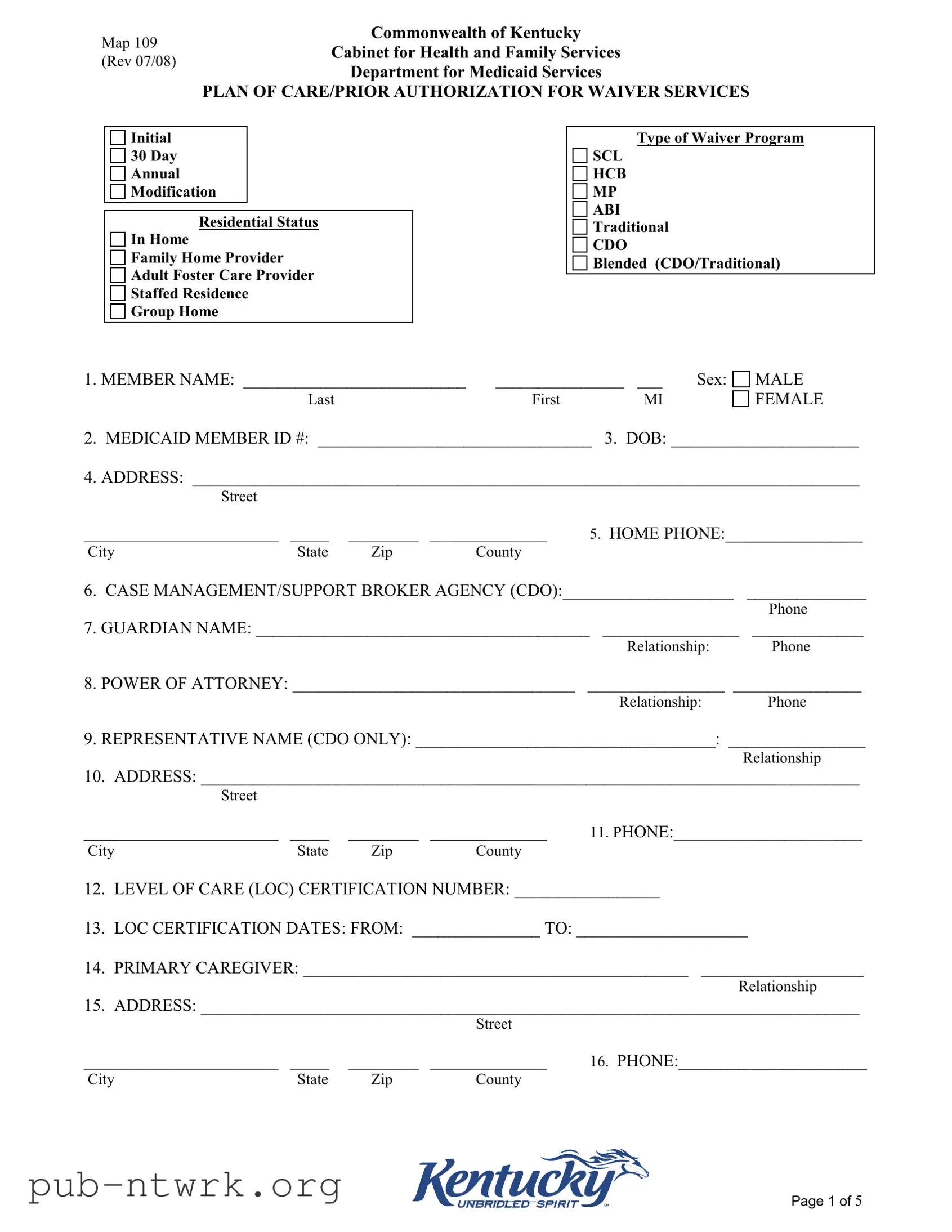 Blank Map 109 Kentucky PDF Form