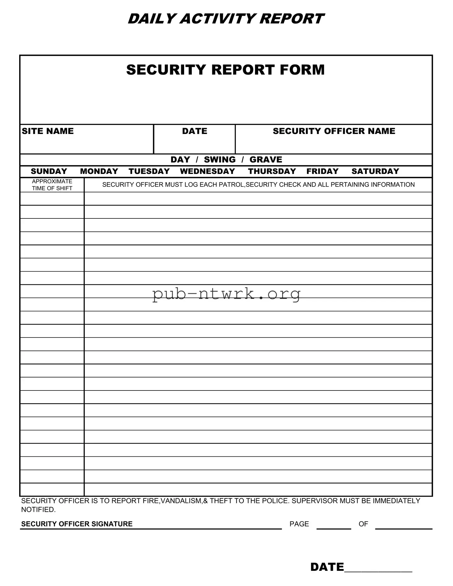Blank Security Guard Daily Report Sample PDF Form