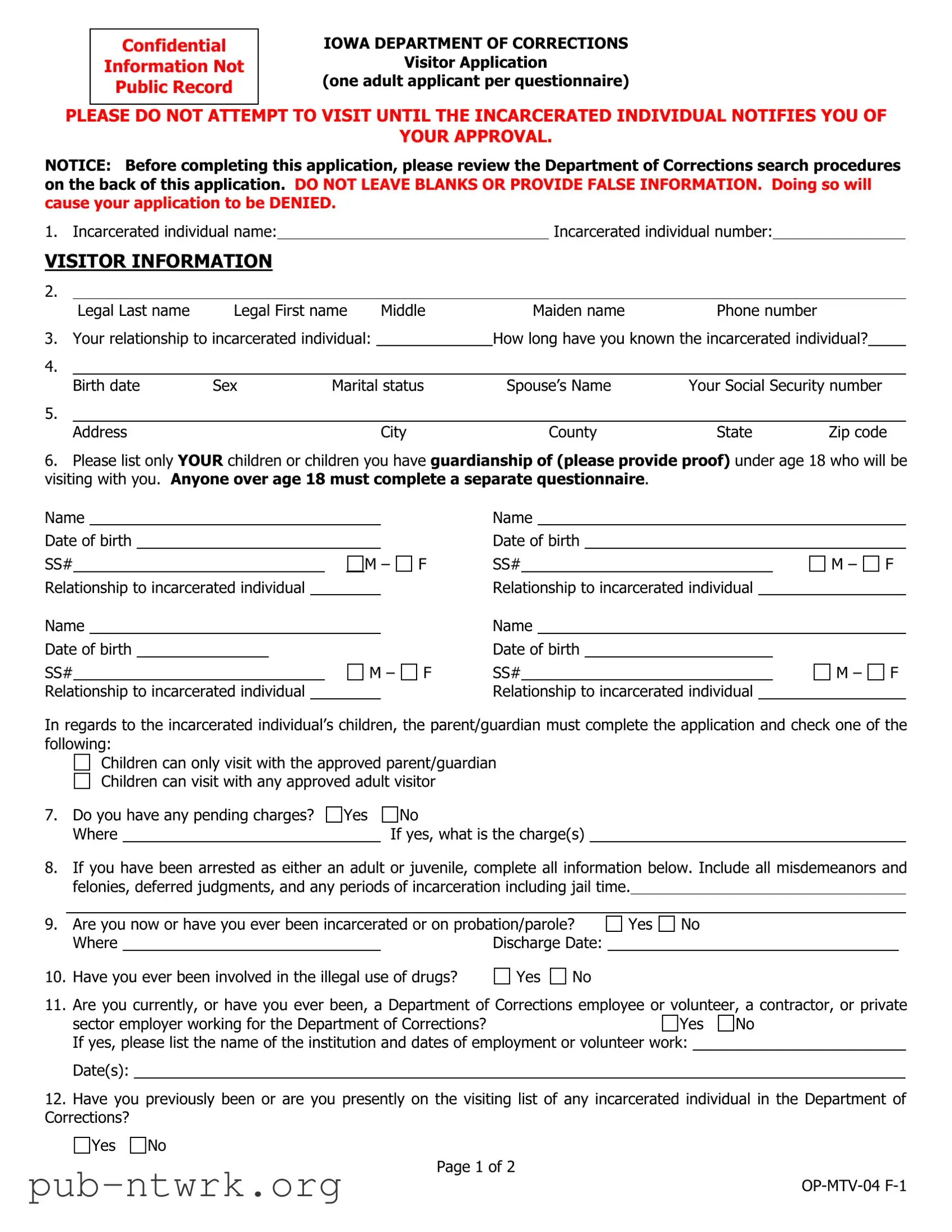 Blank Iowa Visitor Application PDF Form