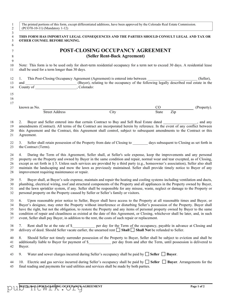 Blank Colorado Post Closing Occupancy Agreement PDF Form