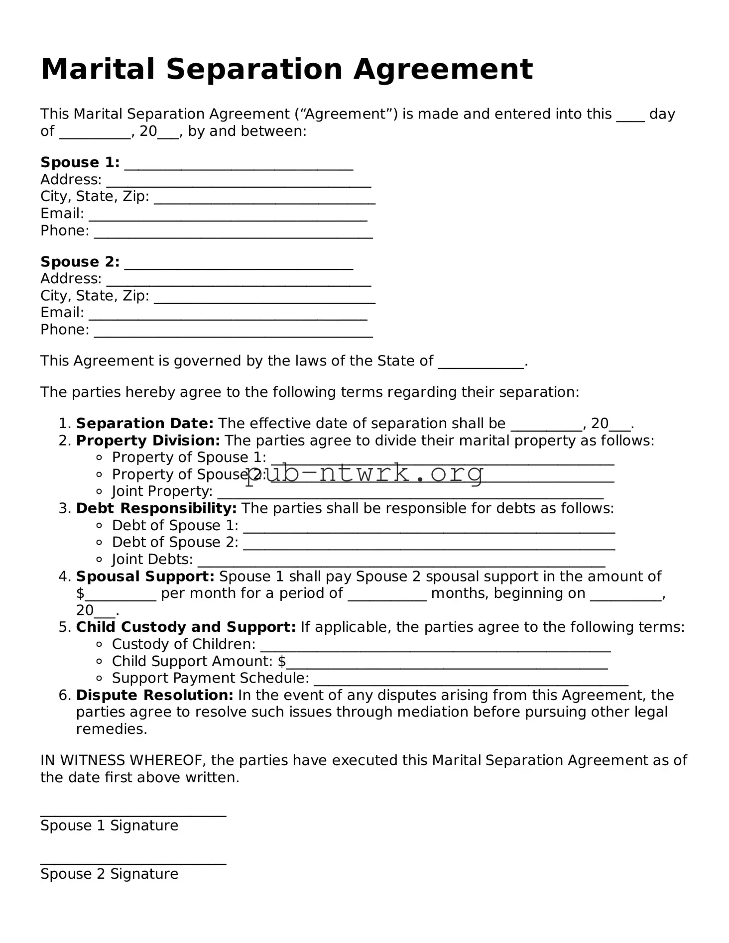 Legal Marital Separation Agreement Form