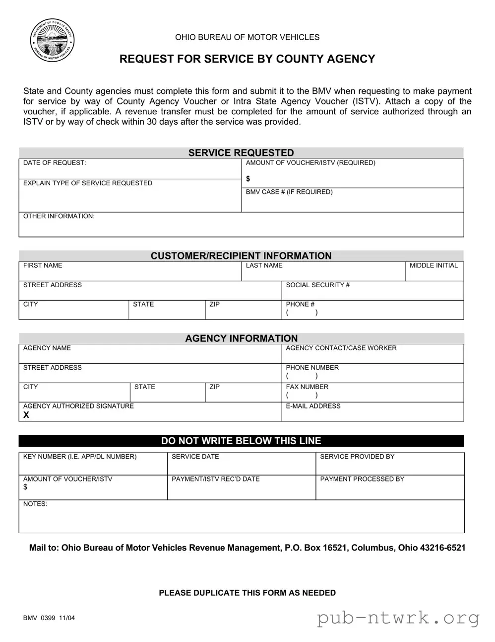 Blank Ohio Bmv 0399 PDF Form