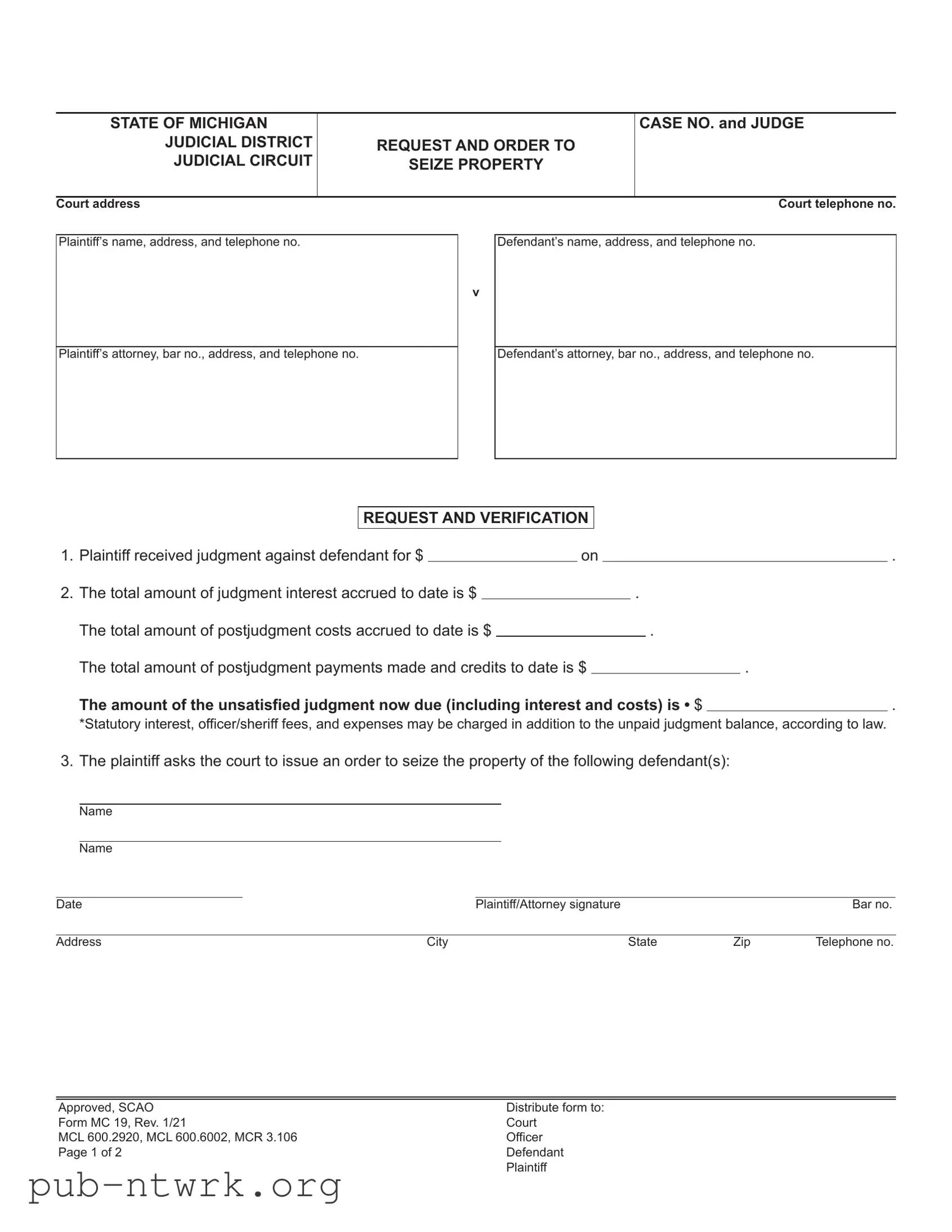 Blank Michigan Mc 19 PDF Form