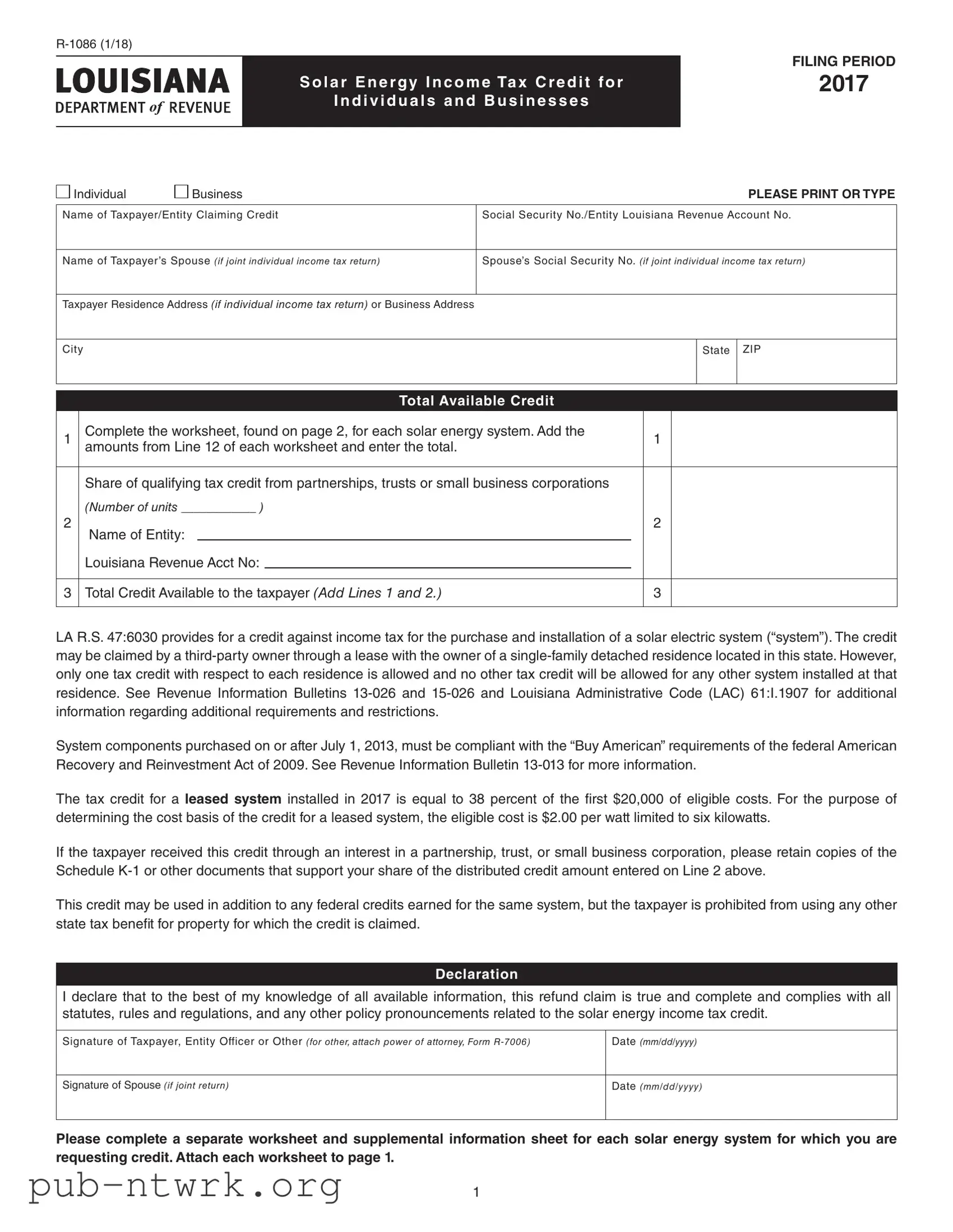Blank Louisiana R 1086 PDF Form