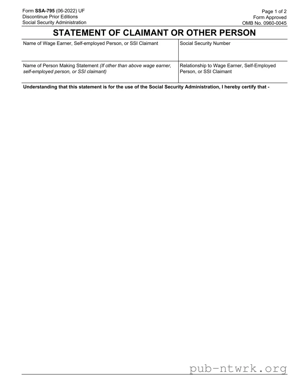 Blank SSA SSA-795 PDF Form