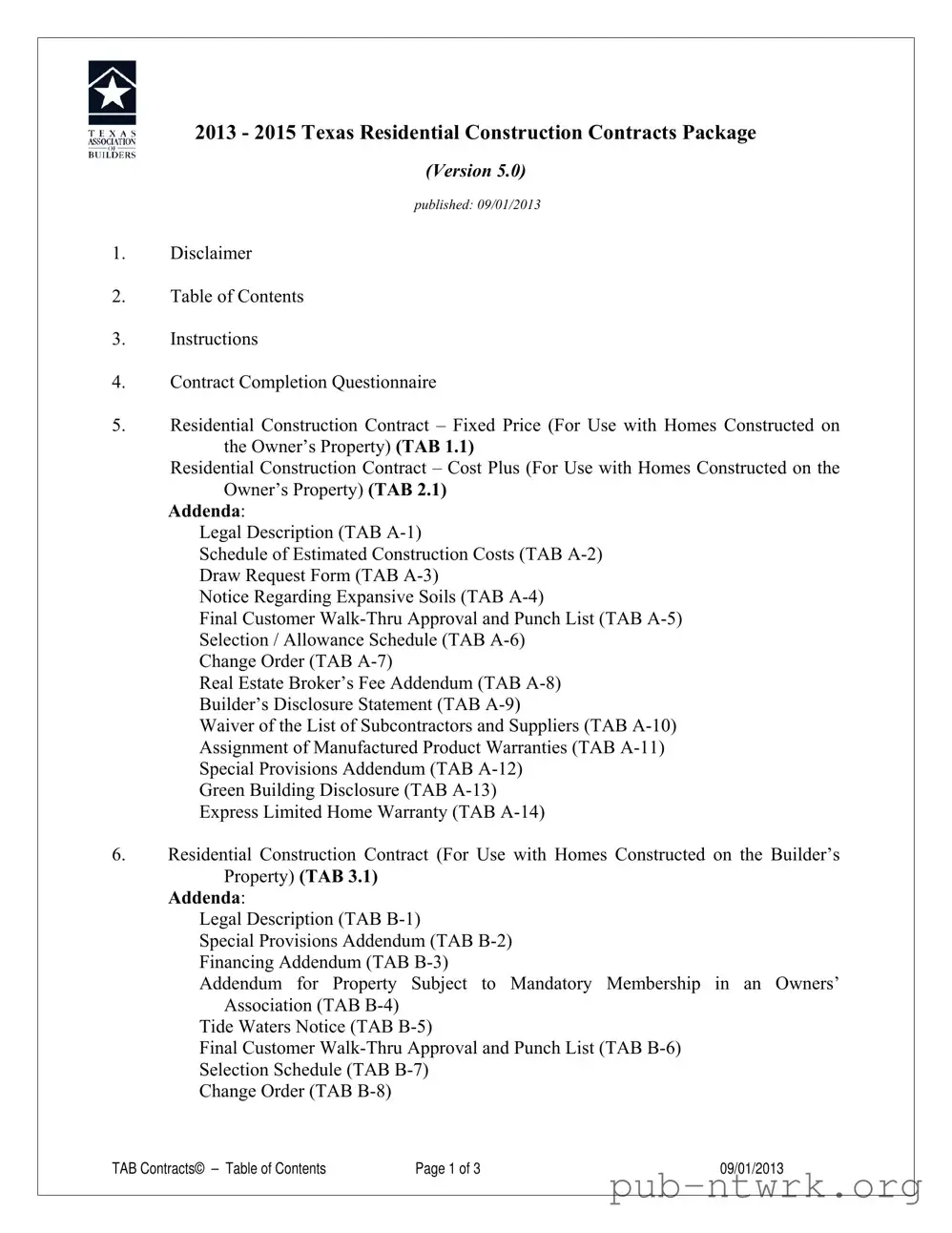 Blank Texas Builders Association Fixed Cost PDF Form