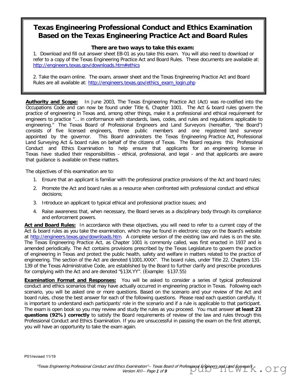 Blank Texas Ethics Of Engineering Exam PDF Form