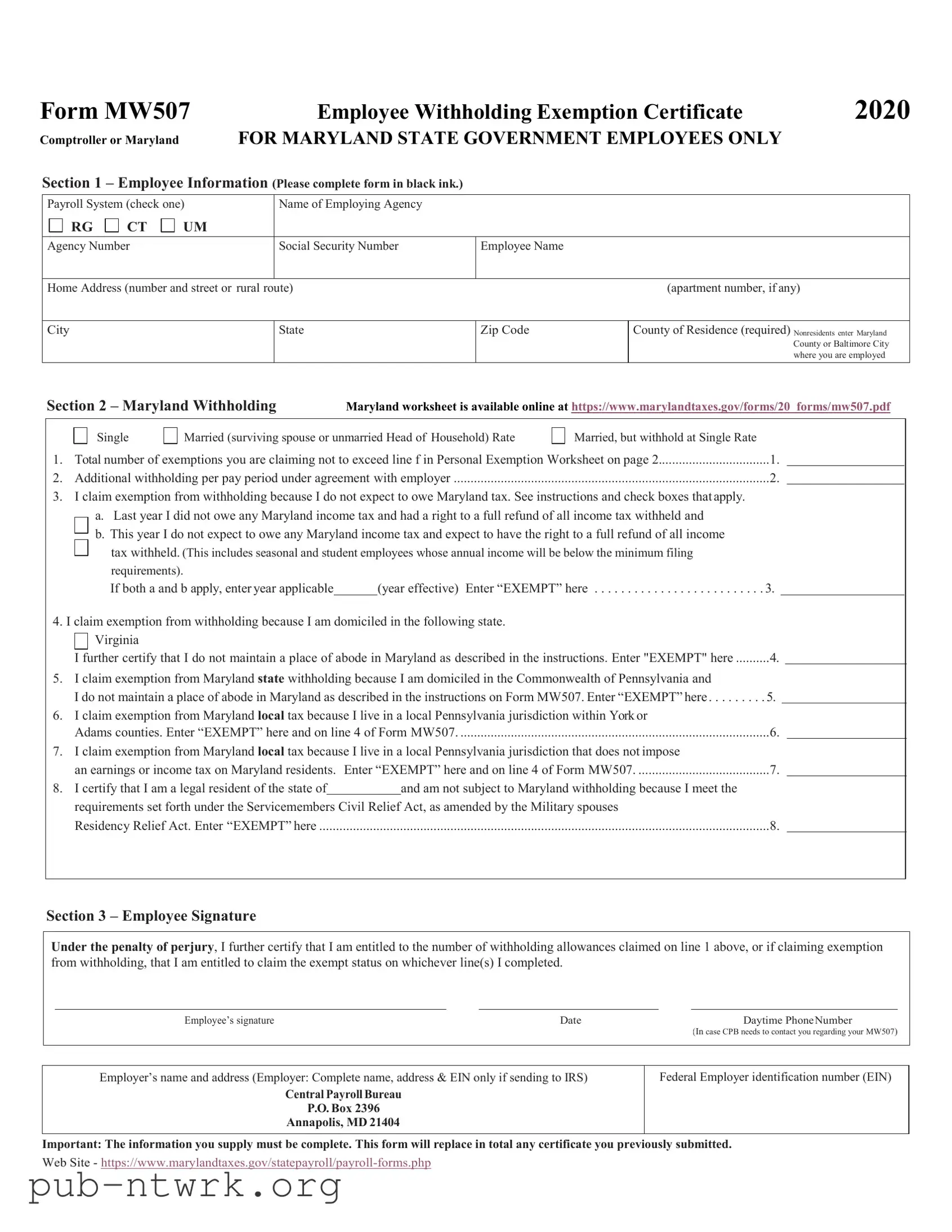Blank Maryland W4 PDF Form