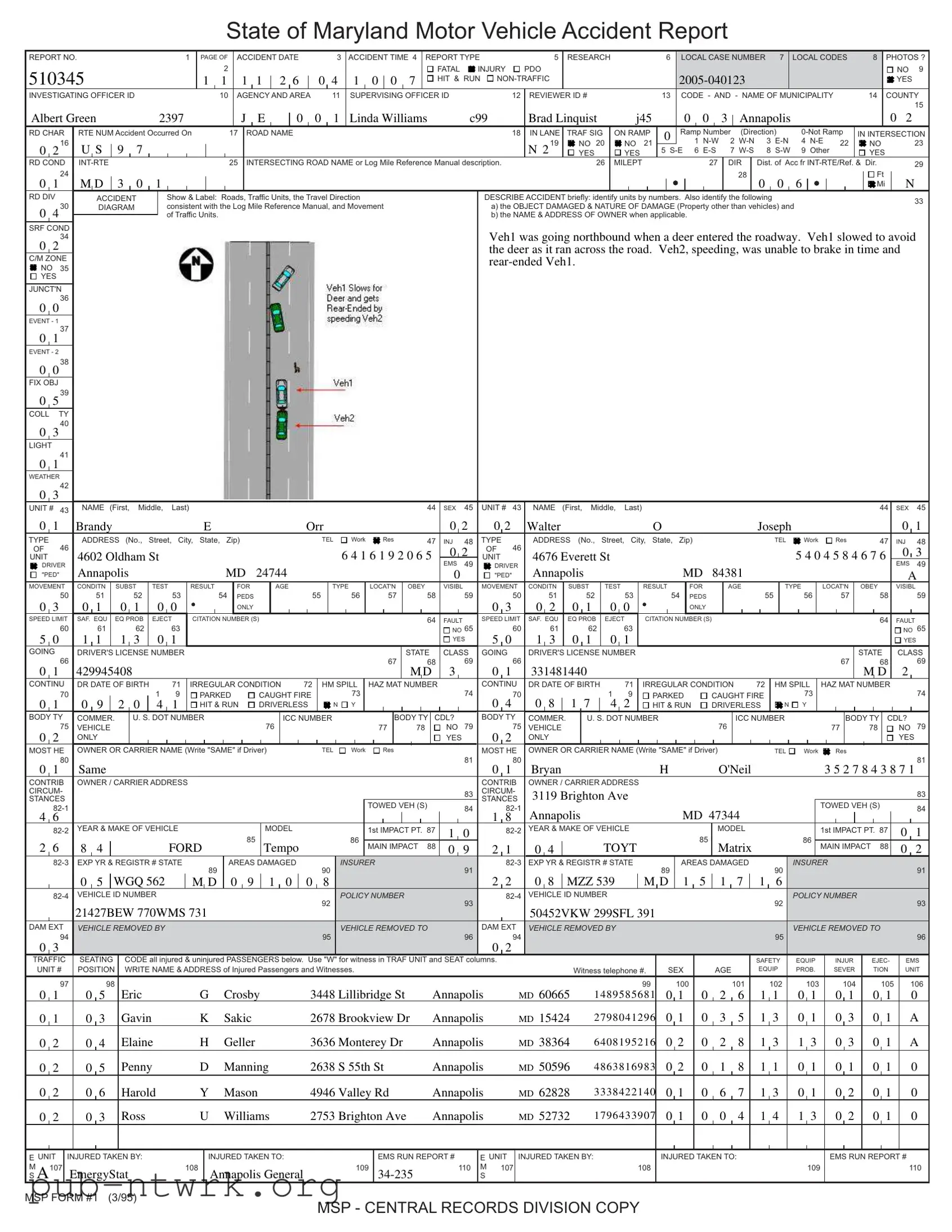 Blank Maryland Motor Vehicle Accident Report PDF Form