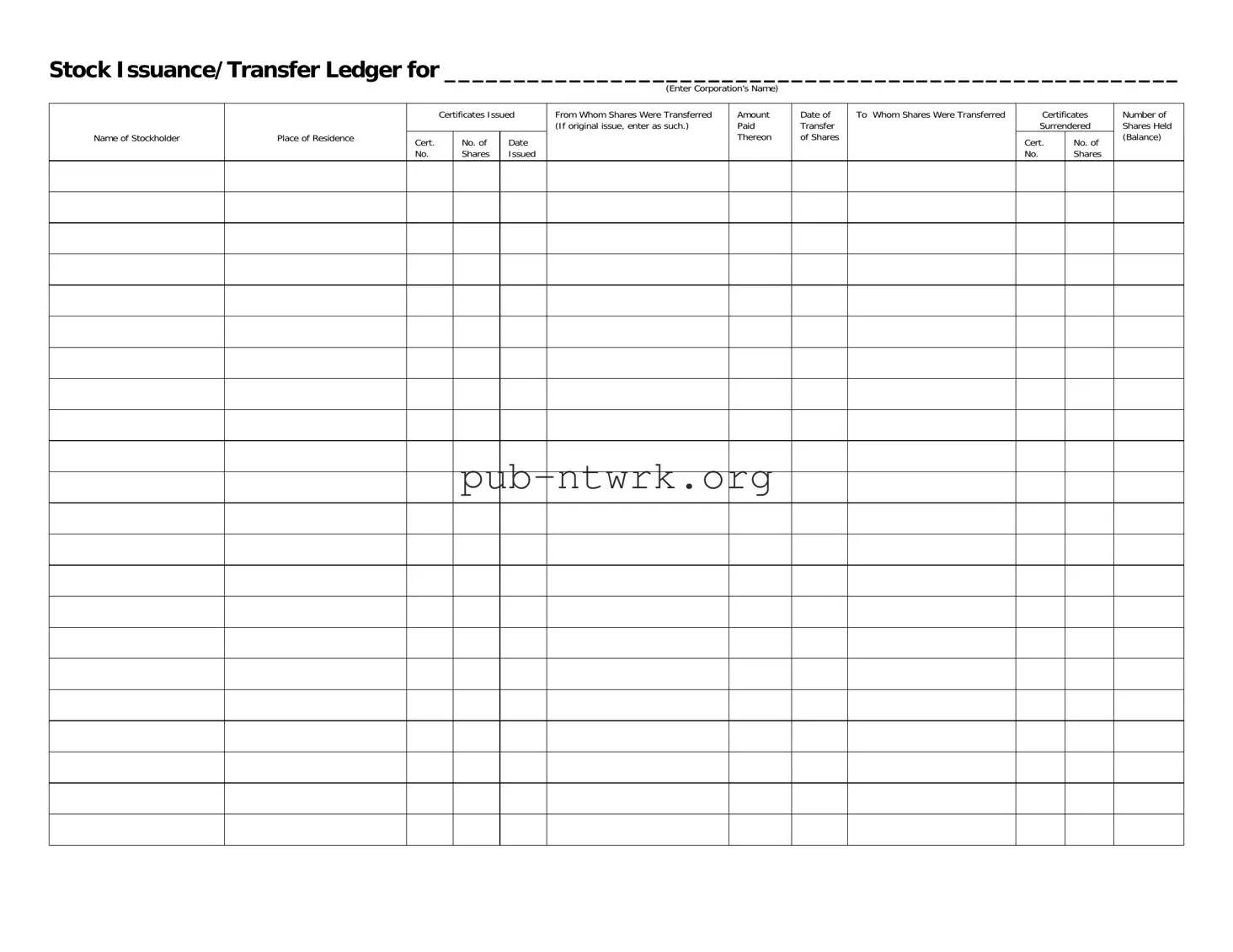Blank Stock Transfer Ledger PDF Form