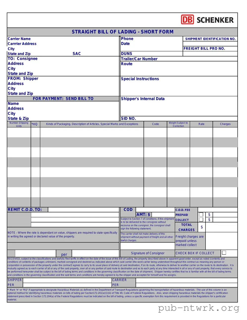 Blank Straight Bill Of Lading PDF Form