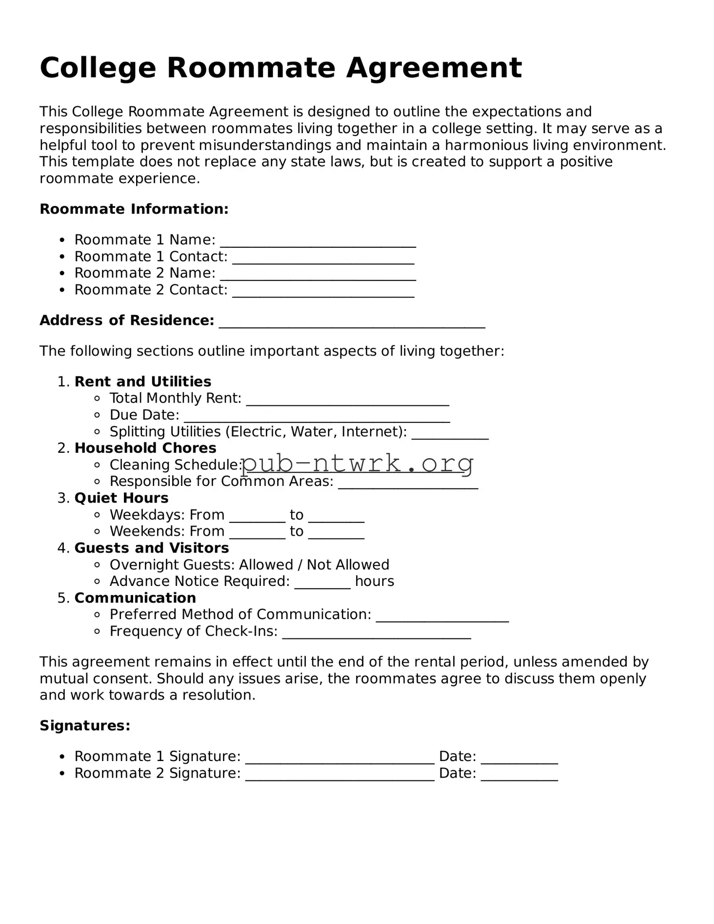 Legal College Roommate Agreement Form