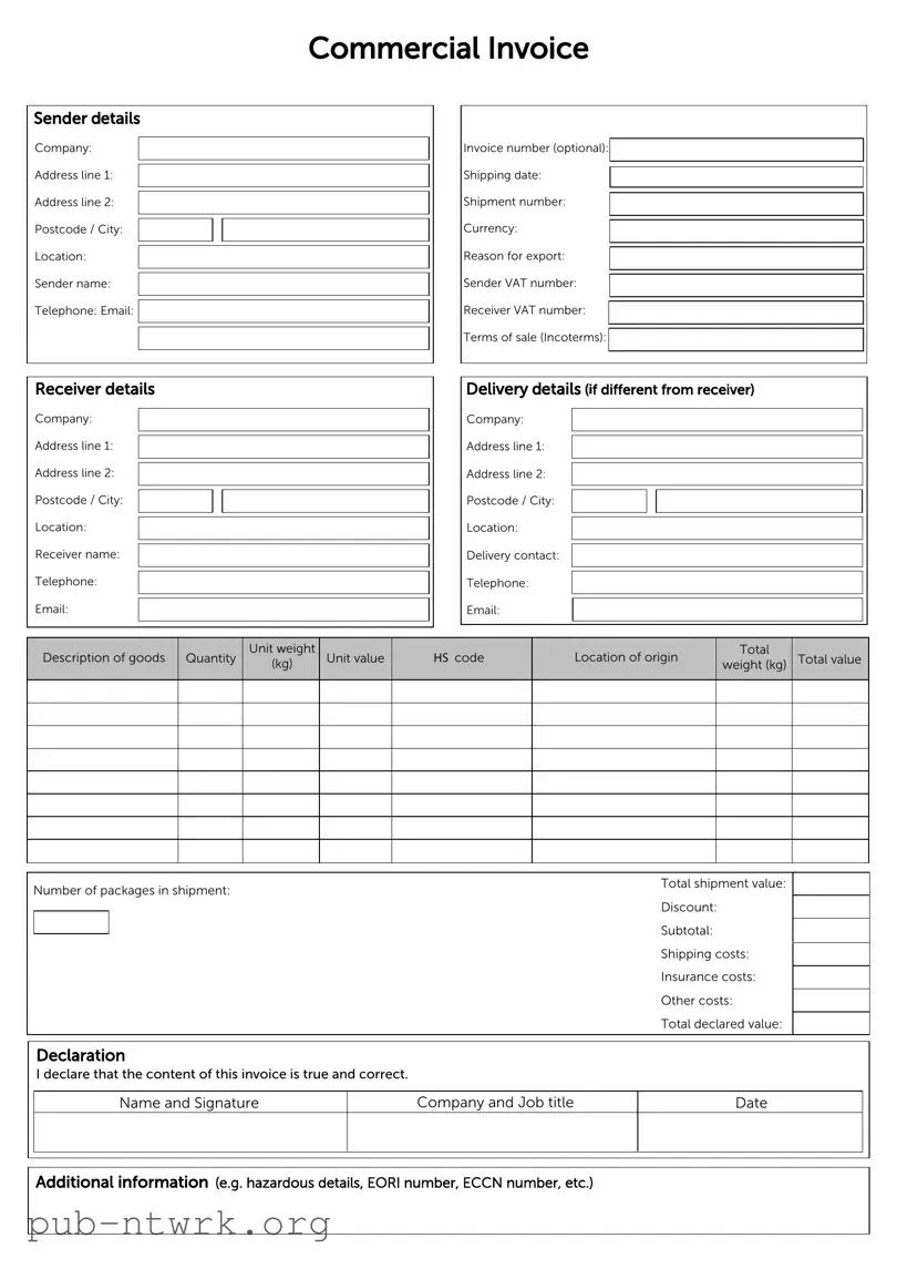Blank Commercial Invoice PDF Form