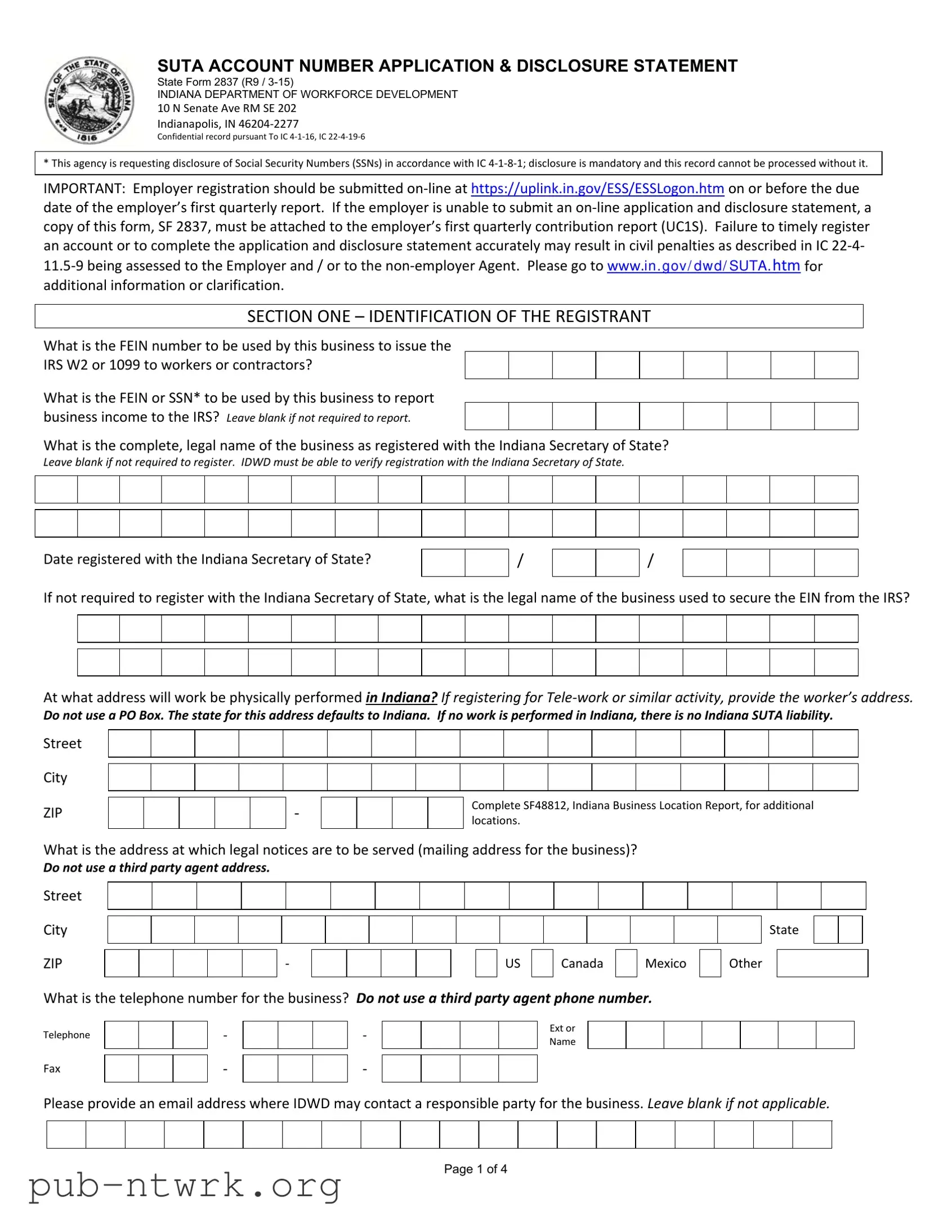 Blank Indiana Sf 2837 PDF Form