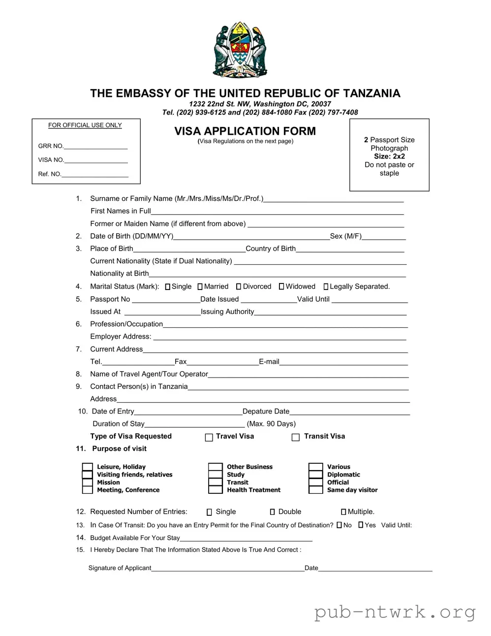 Blank Tanzania Visa Applicaiton PDF Form