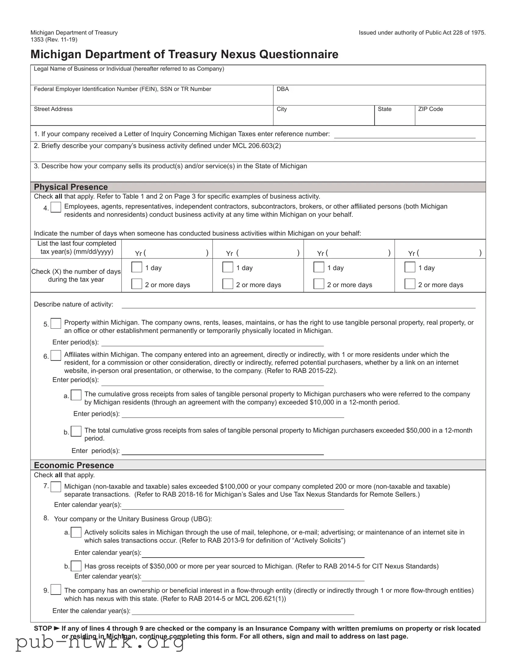 Blank Michigan 1353 PDF Form