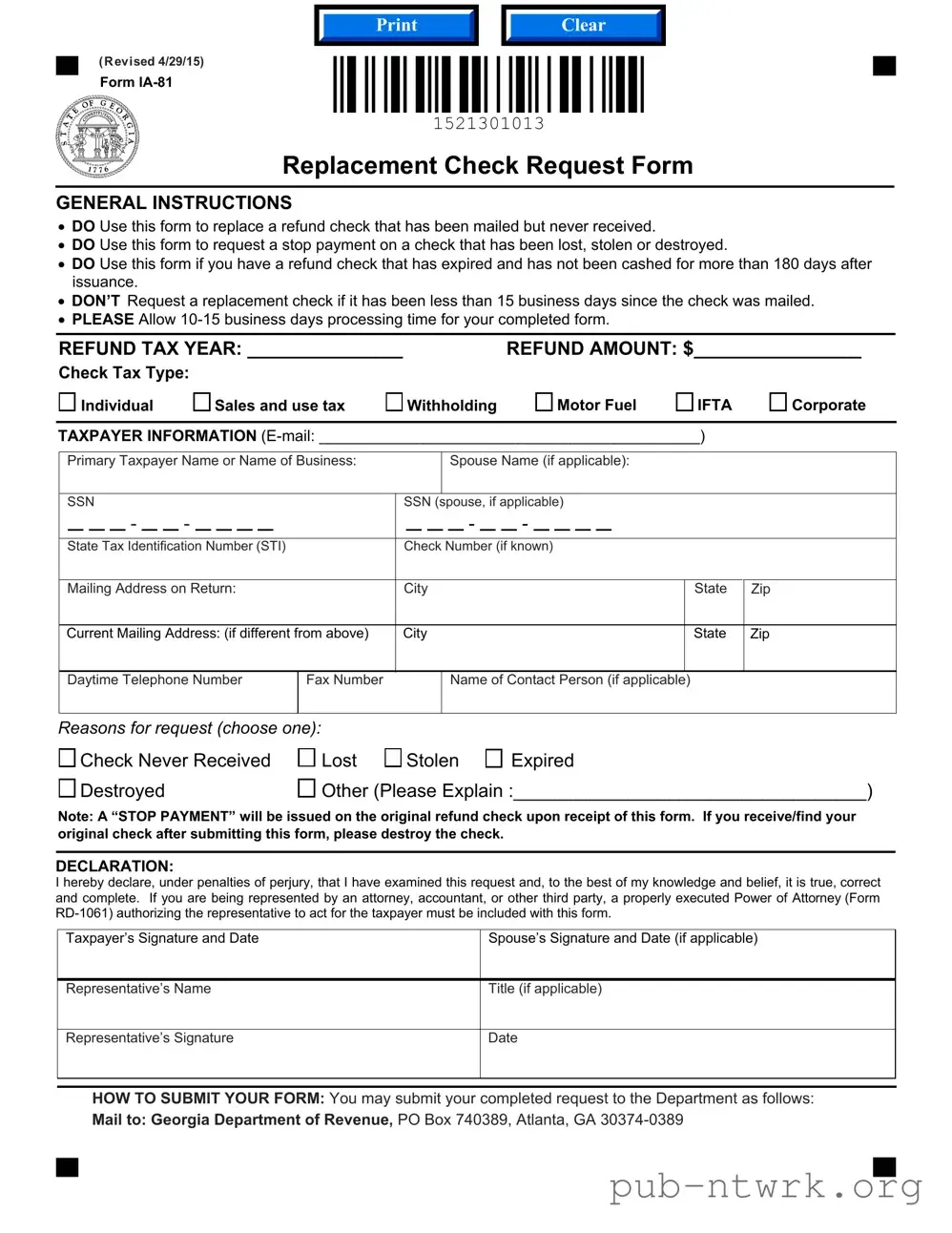 Blank Replacement Check Request Georgia PDF Form