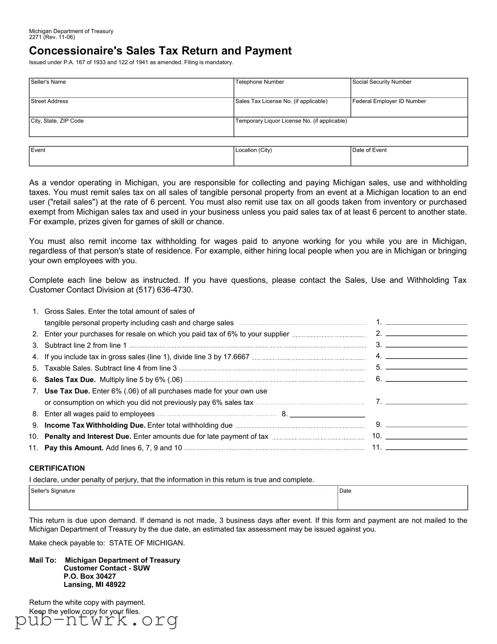 Blank Michigan 2271 PDF Form