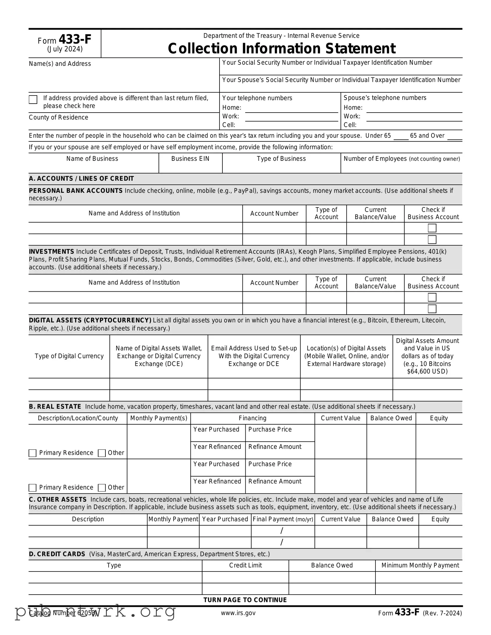 Blank IRS 433-F PDF Form