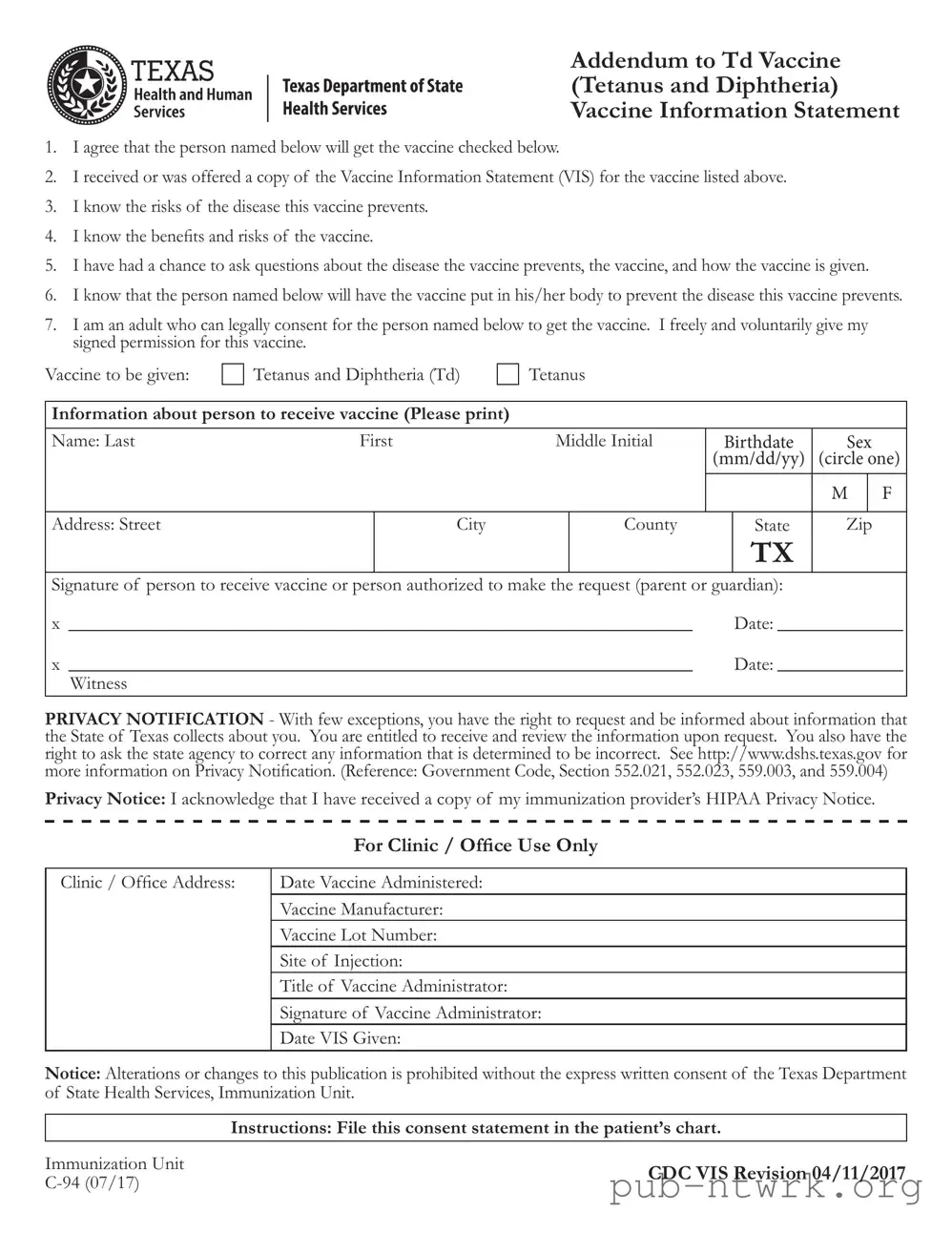Blank Texas Addendum To Tdap Vaccine PDF Form