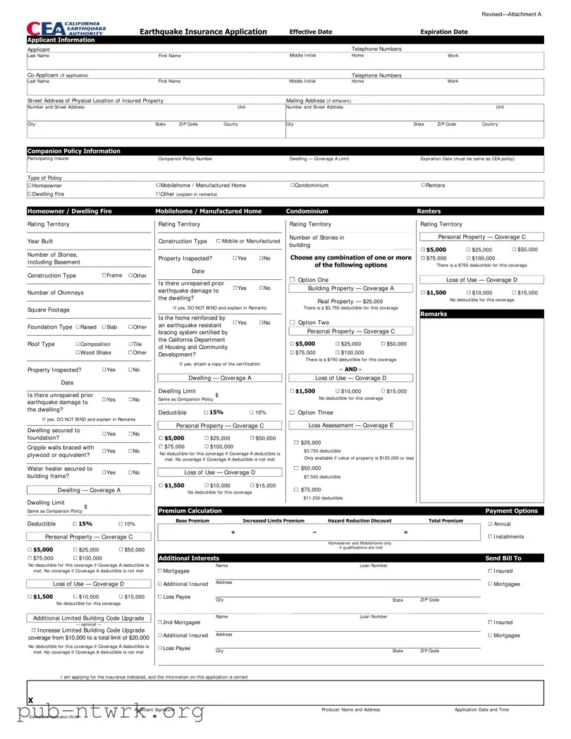 Blank California Earthquake Authority PDF Form
