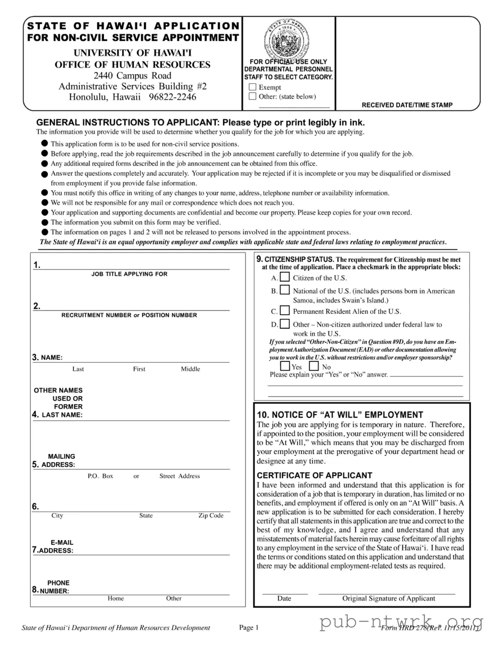 Blank State Of Hawaii Hrd 278 PDF Form