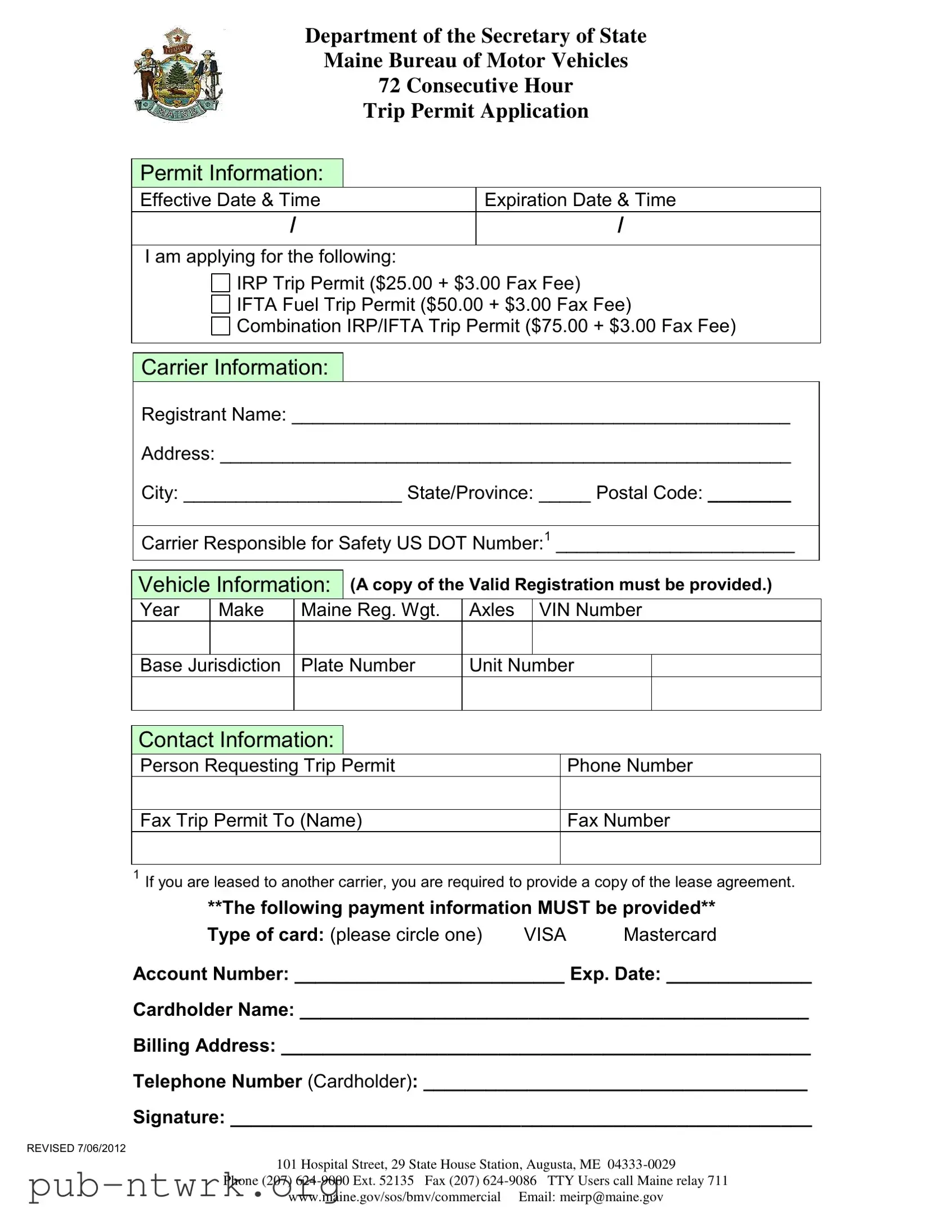 Blank Maine Trip Permit Application PDF Form