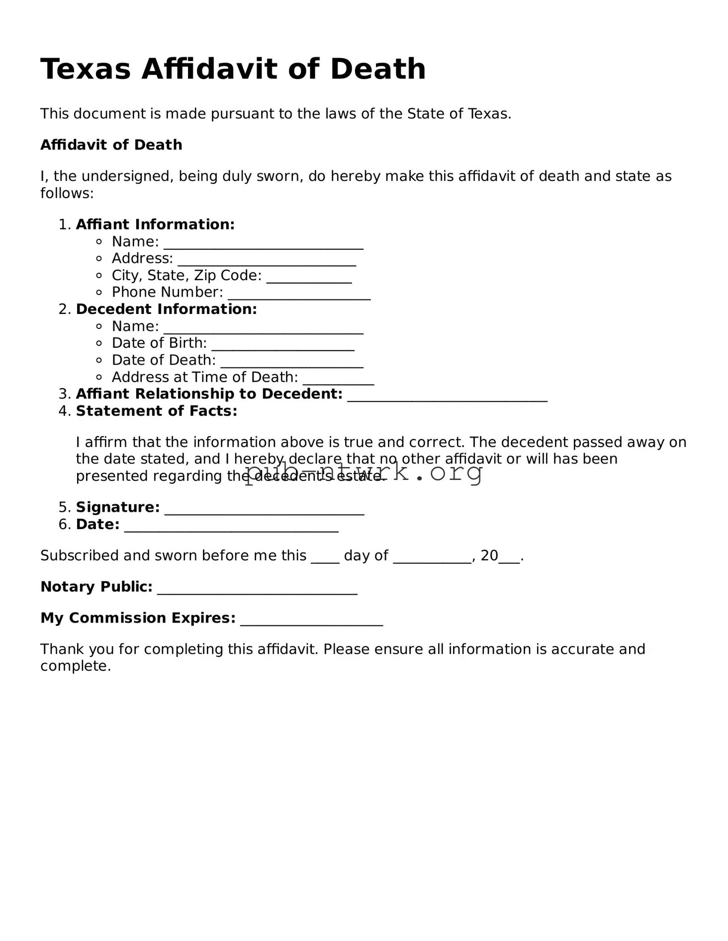 Free Texas Affidavit of Death Form