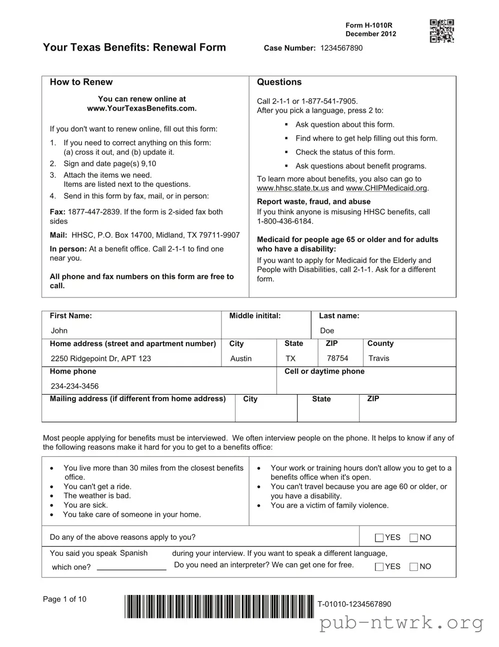 Blank Your Texas Benefits PDF Form