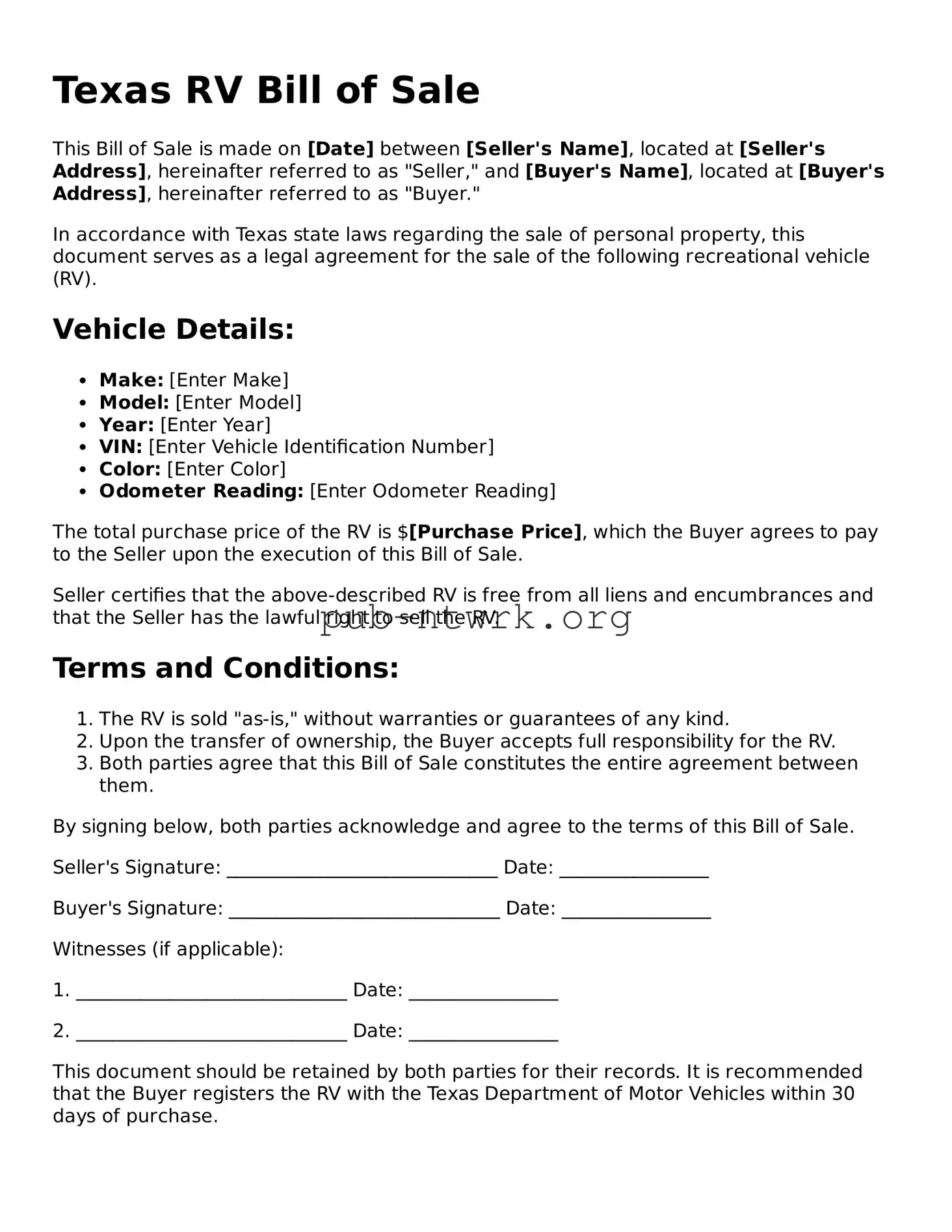 Free Texas RV Bill of Sale Form