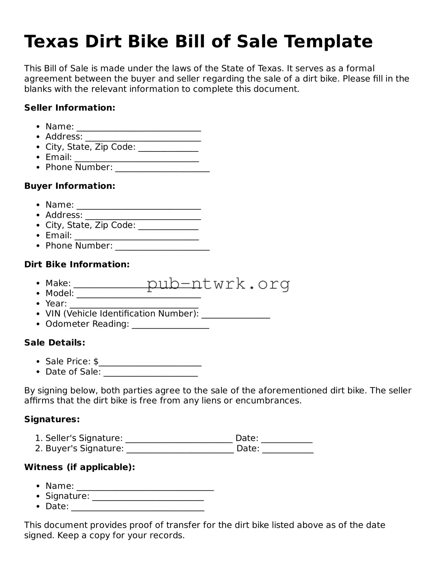 Free Texas Dirt Bike Bill of Sale Form