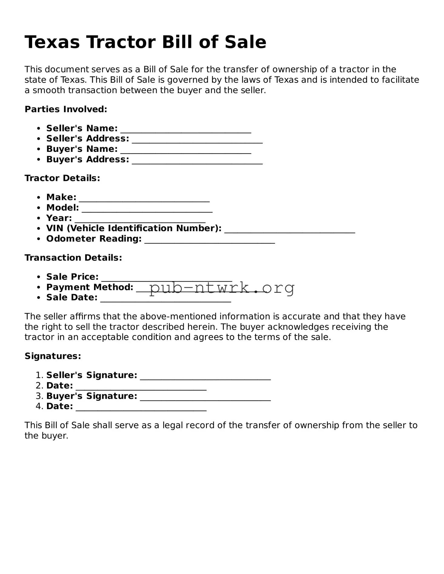 Free Texas Tractor Bill of Sale Form