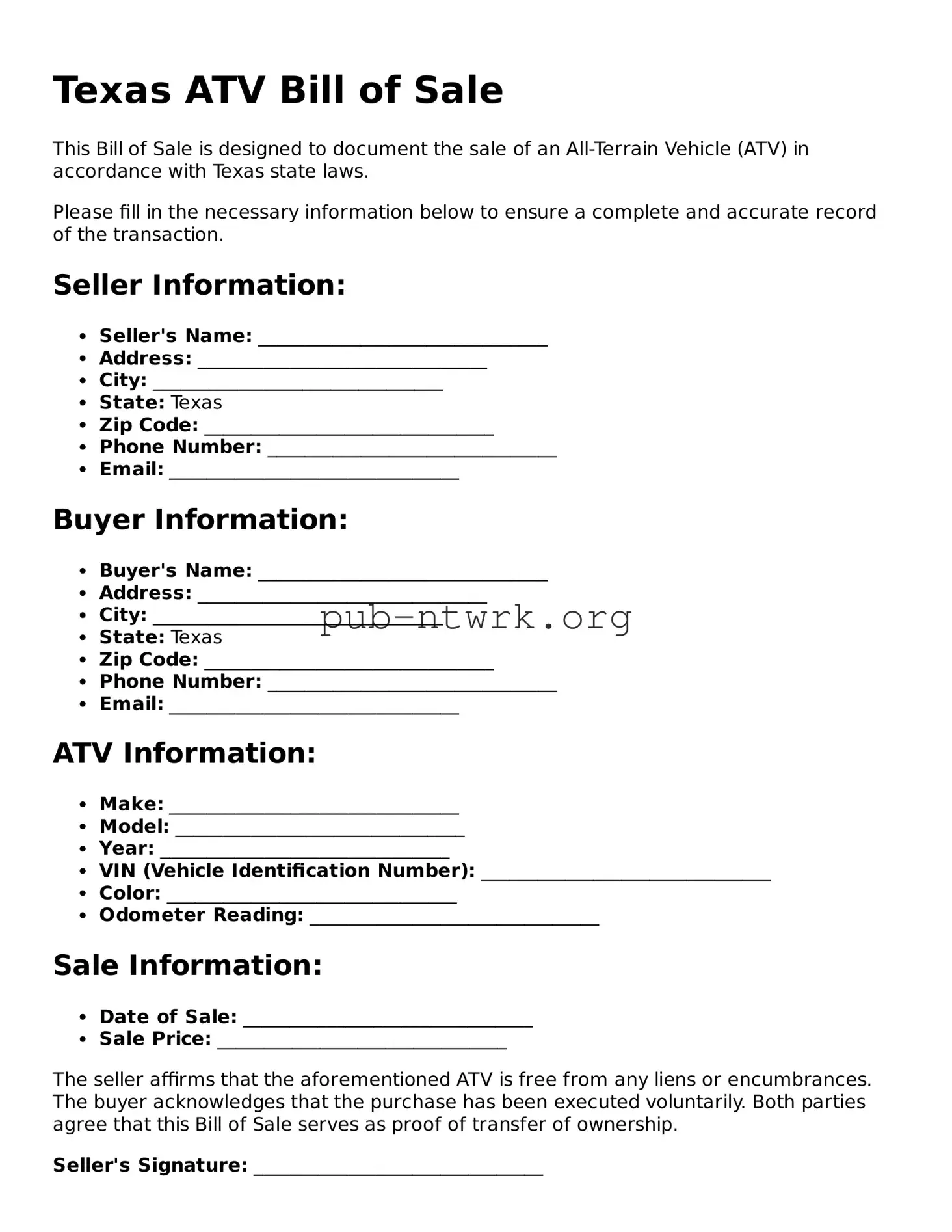 Free Texas ATV Bill of Sale Form