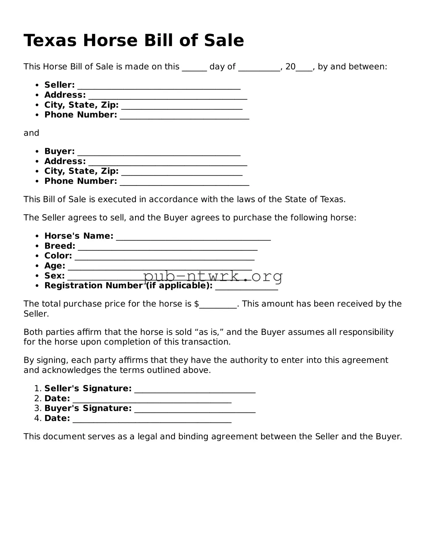 Free Texas Horse Bill of Sale Form