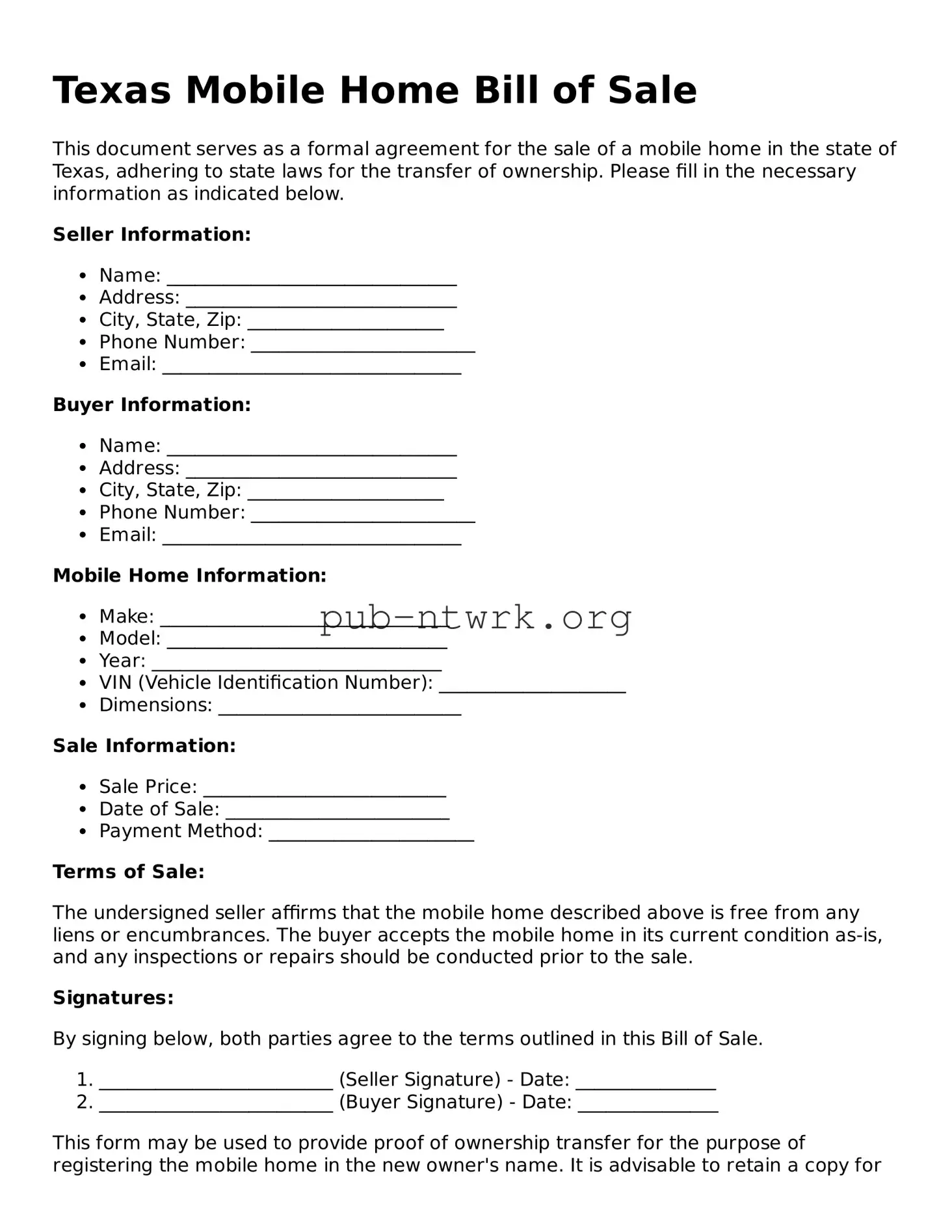 Free Texas Mobile Home Bill of Sale Form