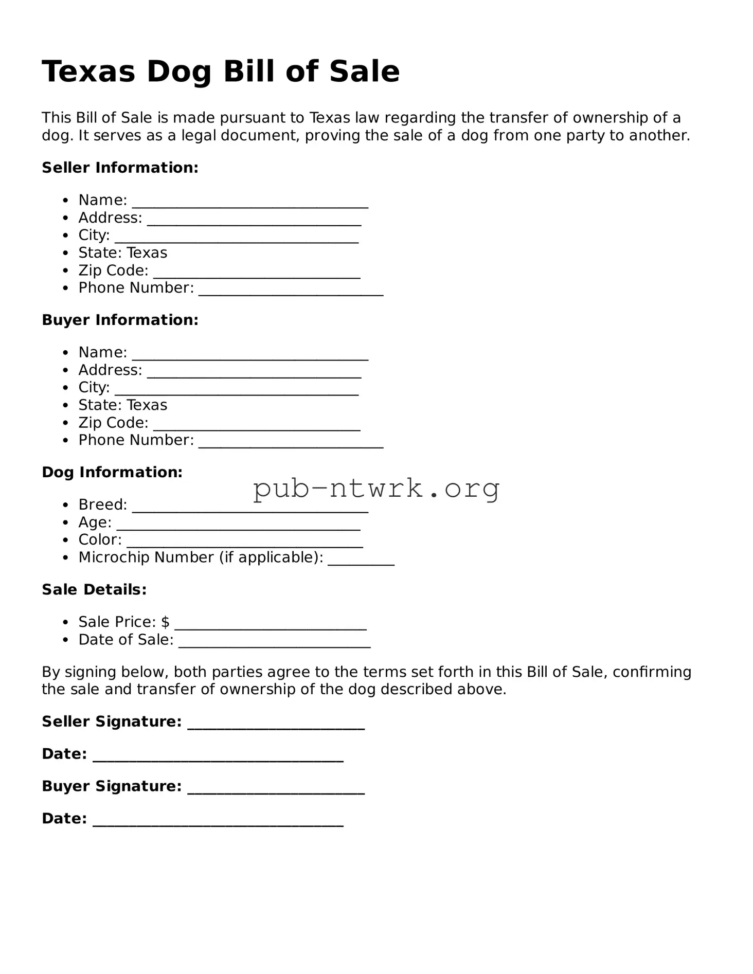 Free Texas Dog Bill of Sale Form