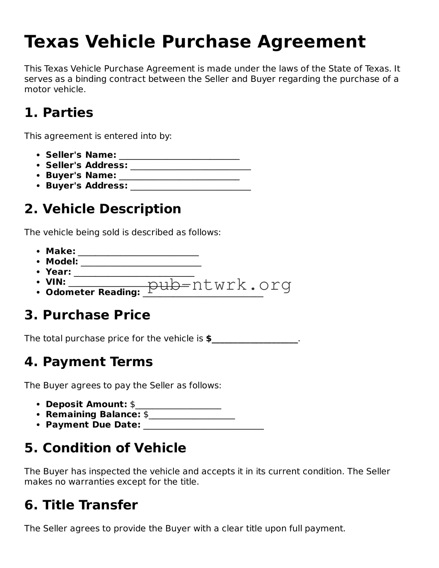 Free Texas Vehicle Purchase Agreement Form