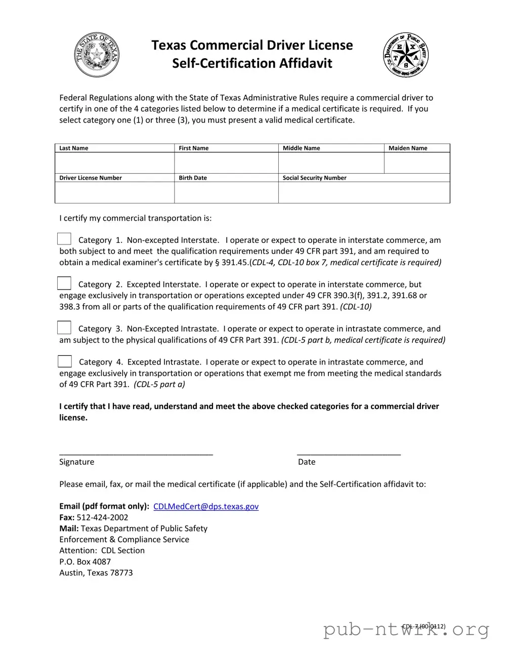 Blank Texas Cdl 7 PDF Form