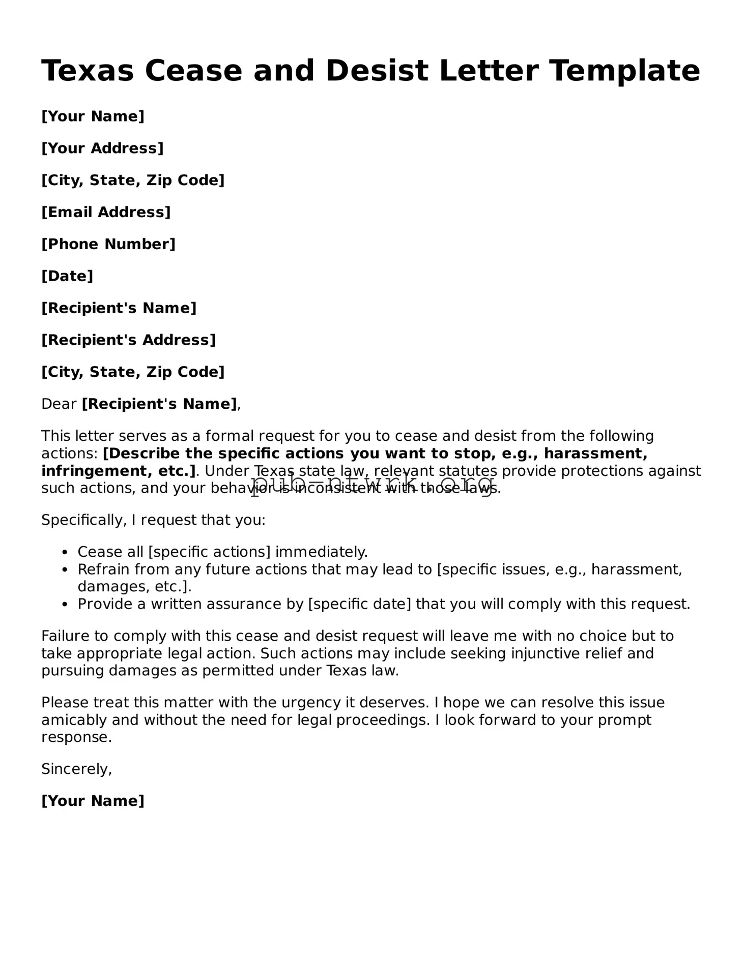 Free Texas Cease and Desist Letter Form