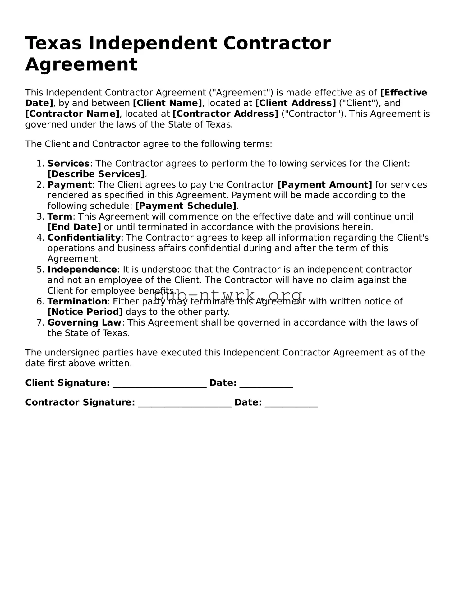 Free Texas Independent Contractor Agreement Form